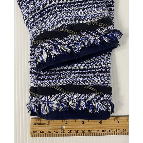 White House Black Market Blazer Women's 8 Blue White Tweed Fringe Chain Accents - Picture 7 of 10